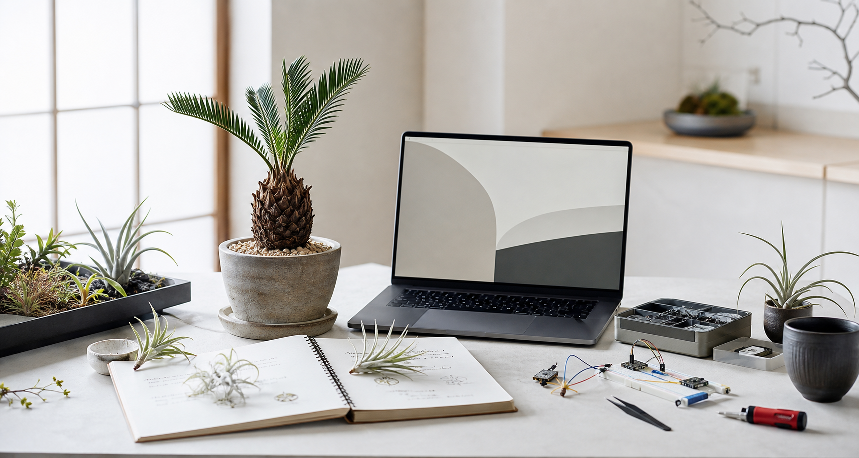 植物、観察ノート、電子部品、ノートパソコンが並ぶ静かな作業机